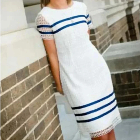Cremieux White Dress with Blue Stripes - Picture 1 of 9